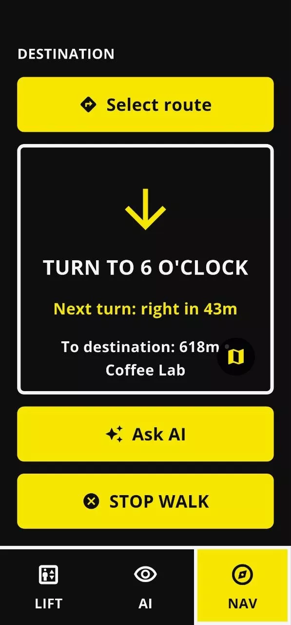 Provodyr walking guidance screen: a large down arrow, “Turn to 6 o’clock”, next turn right in 43 metres, 618 metres to Coffee Lab.
