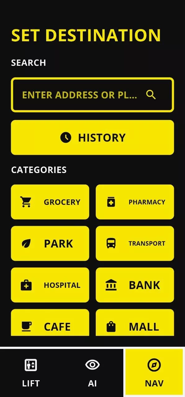 Set destination screen with a search field a histo Set destination screen with a search field, a history button and large category tiles: grocery, pharmacy, park, transit, hospital, bank, coffee shop, mall.