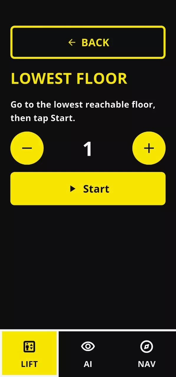 Elevator calibration step lowest floor go to the l Elevator calibration step: ‘Lowest floor: go to the lowest reachable floor, then tap Start’, with big minus and plus buttons around the number 1.