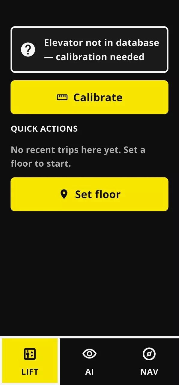 Lift tab showing elevator not in database calibrat Lift tab showing ‘Elevator not in database, calibration needed’ with Calibrate and Set floor buttons.