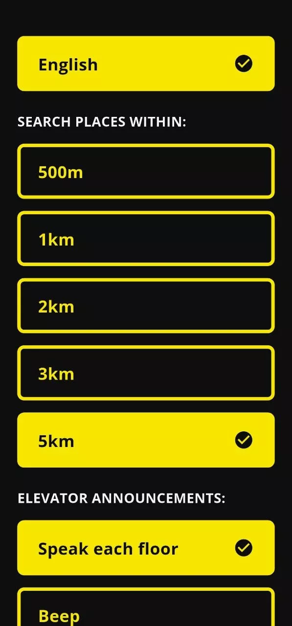 Settings screen language set to english search rad Settings screen: language set to English, search radius options from 500 metres to 5 kilometres, and elevator announcement modes.